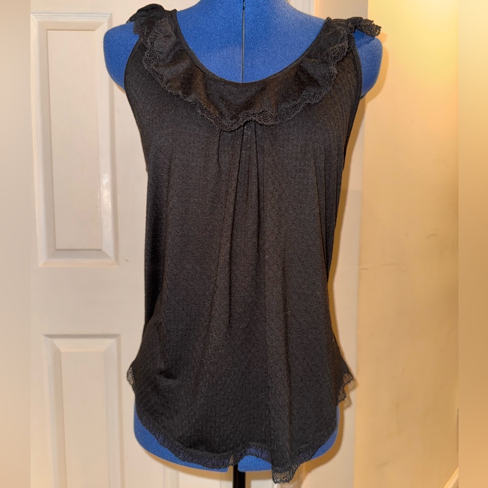 Chic Black Ruffled Lace Trim Pj Top